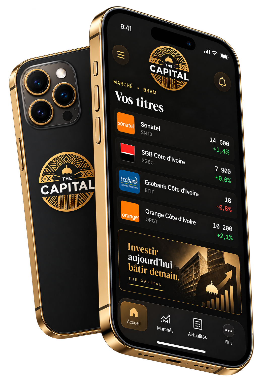 Aperçu de l'application The Capital sur iPhone, avec les cours BRVM en direct